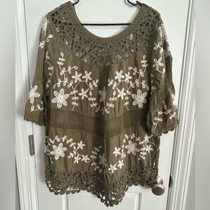 Oliver O. Women's Olive Green & White Embroidered Crochet Peasant Tunic Top